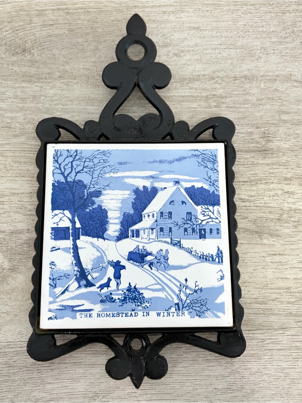 Vintage Currier & Ives Cast Iron Tile Trivet The Old Homestead In Winter Cottage